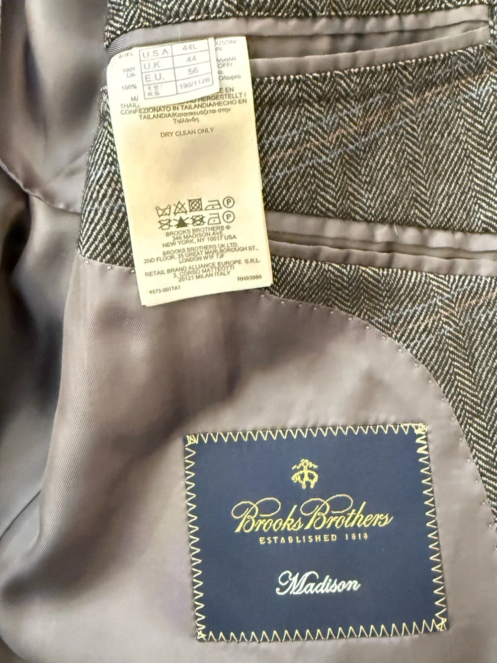 Brooks Brothers Madison 44L Lanificio Campore Wool Gray Herringbone Sport Coat